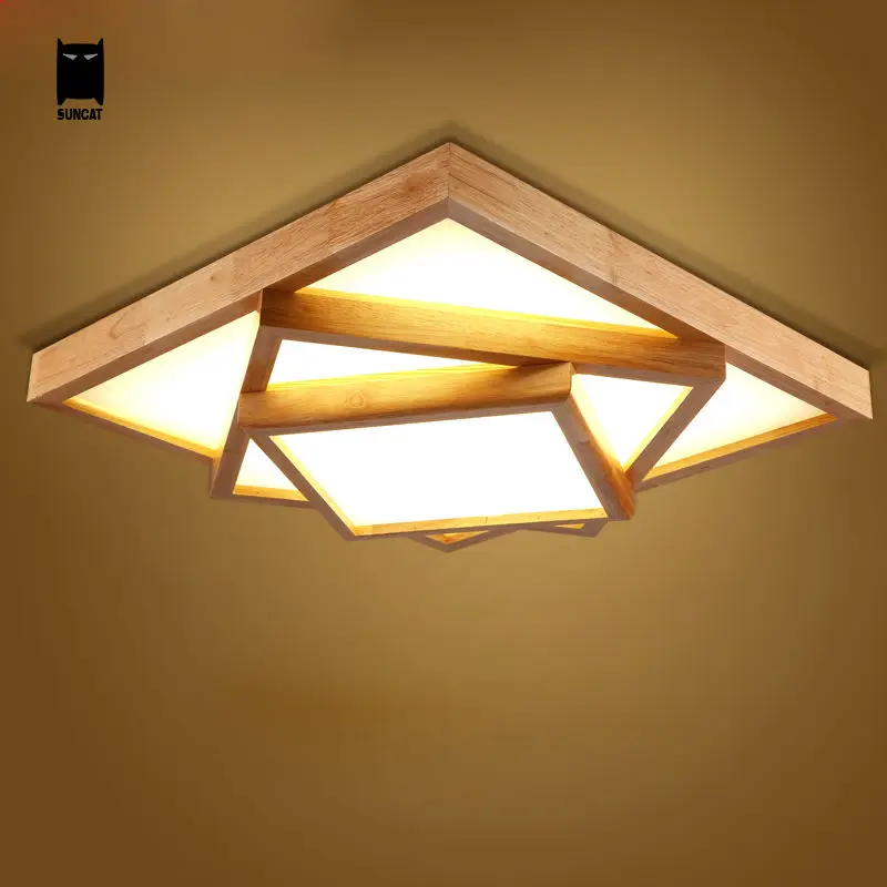 LED Square Big Oak Wood Acrylic Ceiling Light Fixture Nordic Japan Style Plafon Lamp Luminaria Foyer Living Room Bedroom Kitchen