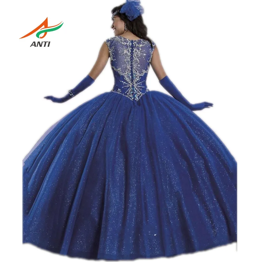 Anti royal azul 2019 elegante quinceanera vestidos v-neck beading vestidos de 15 anos doce 16 vestidos de baile de máscaras lqb1