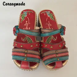 Careaymade-scarpe intagliate a mano in pura pelle bovina con strato di testa in stile Folk, le scarpe da ragazza mori di arte retrò, sandali casual da donna 958-10