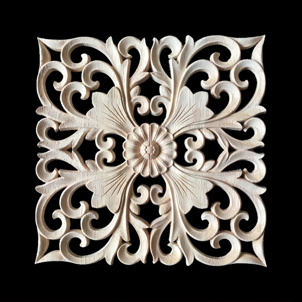 

15CM 20CM 24CM Wood Carved Onlay Appliques Carpenter Frame Decal Furniture Decoration Wooden Crafts Decorative Flower Ornament