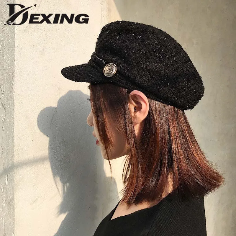 Women Hat Fashion Gold Thread Tweed Baseball Cap Ladies Military Hat Cool Sailor Hat Vintage Student Cap Beret