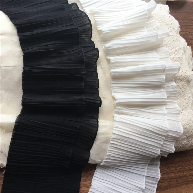 1meter/Lot 13cm White/Black thicker chiffon ruffle lace trim diy handmade dress clothes accessory decoration lace fabric Z1202