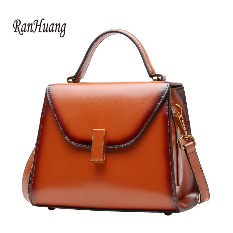 RanHuang New 2022 Women Genuine Leather Handbags Cow Leather Shoulder Bags Women's Small Handbags Vintage Messenger Bags Brown