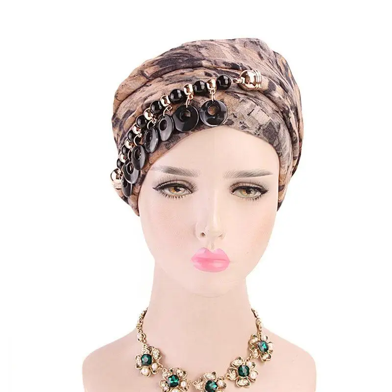 Bohemia Women Beaded Pendant Jewelry Long Scarf Multi-functional Necklace Scarf Islamic Printed Chiffon Muslim Turban Headscarf