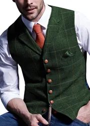 Chaleco de traje para hombre, chaleco de Tweed en espiga de lana a cuadros con muescas, informal, Formal, de negocios, para boda, verde/negro/verde/gris