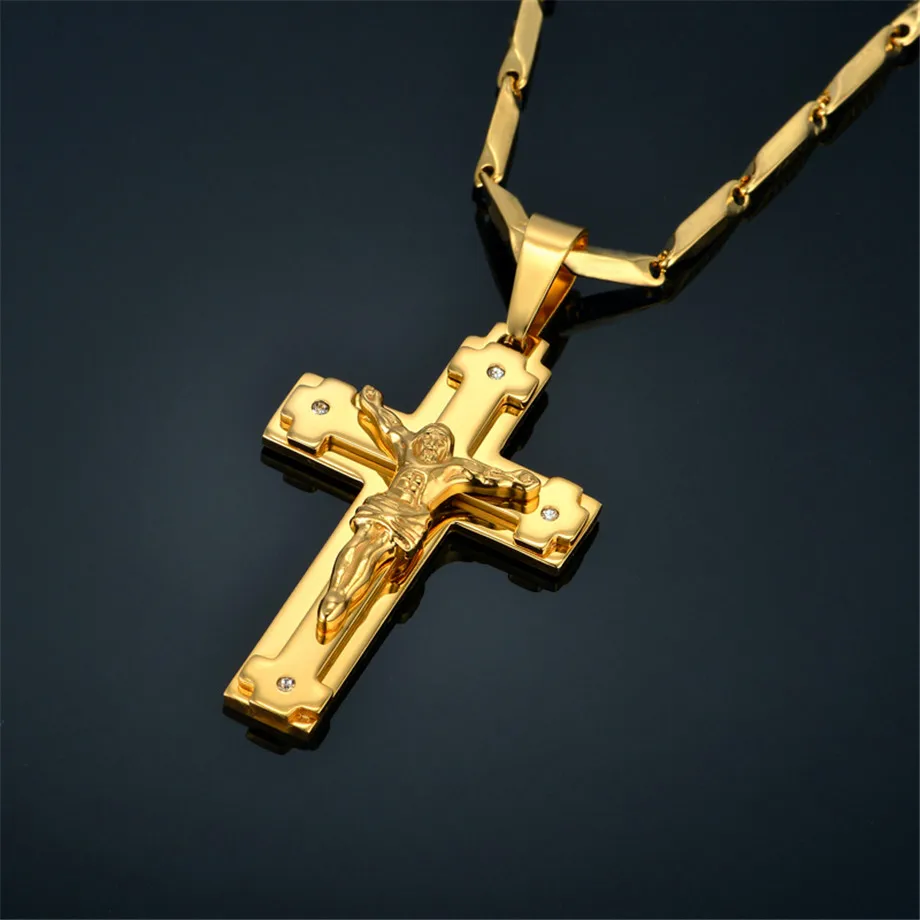 Crucifix & Cross Necklaces Pendants For Men Stainless Steel Gold Color Christ Jesus Piece Necklace Male Christian Jewelry