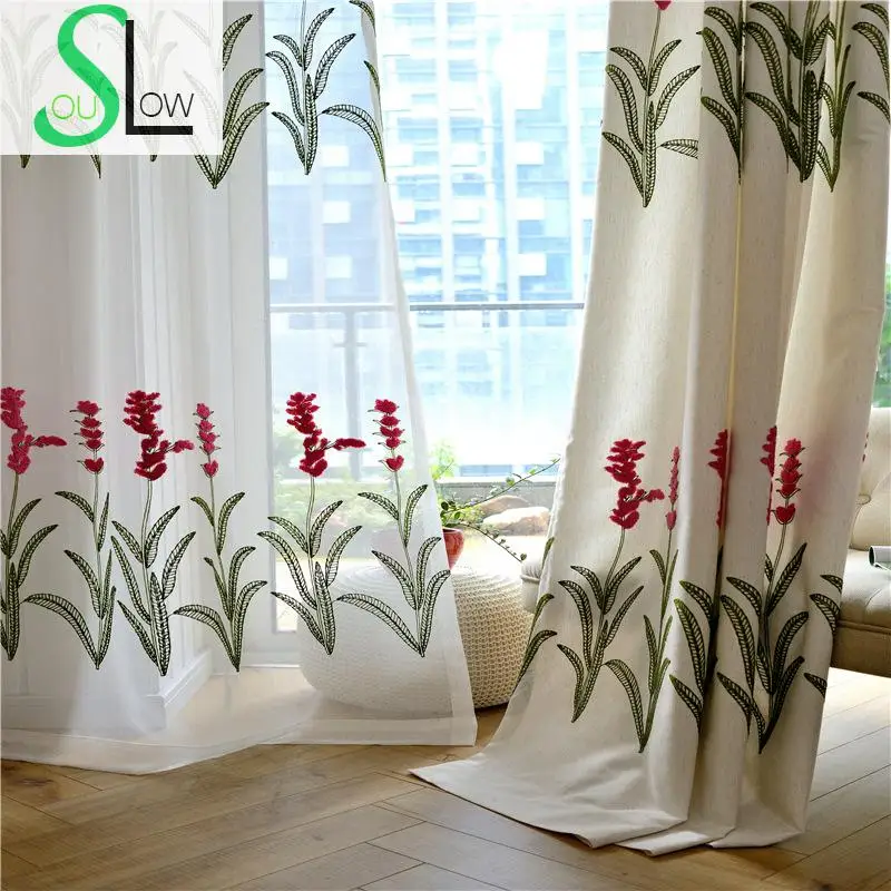 Slow Soul White Sky Blue Yellow Magnolia Curtain Room Curtains For Living Embroidered Floral Cortinas Tulle Kitchen Bedroom Baby