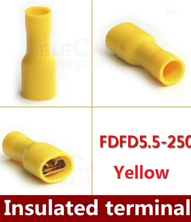 

Hot sale 500pcs/lot 12-10 AWG Fully Insulated Yellow Female Electrical Spade Crimp Connector Terminals