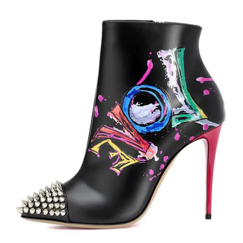 

Fashion Letter Print Boots Women Painted Graffiti Thin High Heels Sexy Pointed Toe Rivets Short Boats Zapatos De Mujer Hot Sale