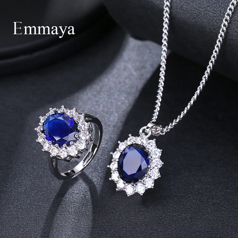 Emmaya Jewelry Set For Women Bridal Wedding Blue Austrian Crystal Necklaces Adjustable Ring Set Gift Wedding