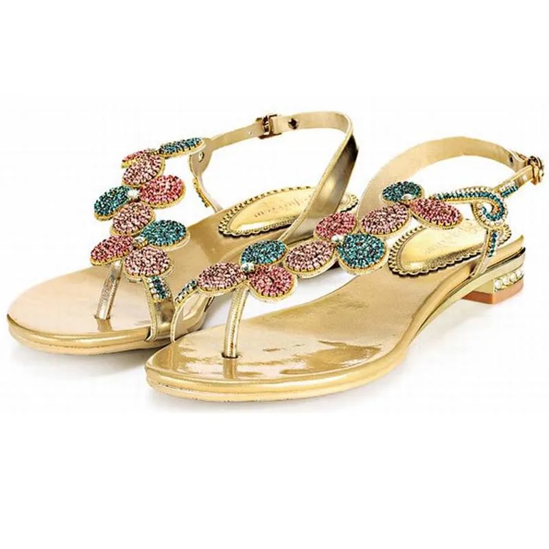 Big size 34-44 hot 2016 Gladiator Sandals for Women Bohemia Beaded Summer Rhinestone Flower Flat Heels Flip Flops Sandals Shoes