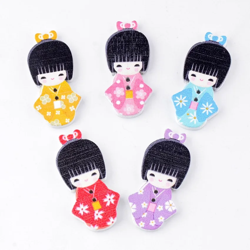 Free shipping -30PCs Random Mixed Lovely Dolls 2 Holes Wood Bakelite DIY Painting Sewing Buttons Scrapbooking 15-40mm