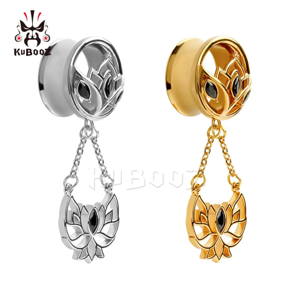 KUBOOZ Piercing Stainless Steel Dangle Ear Plugs And Tunnels Lotus Crystal Expanders Pair Selling Gauges Earrings 2PCS