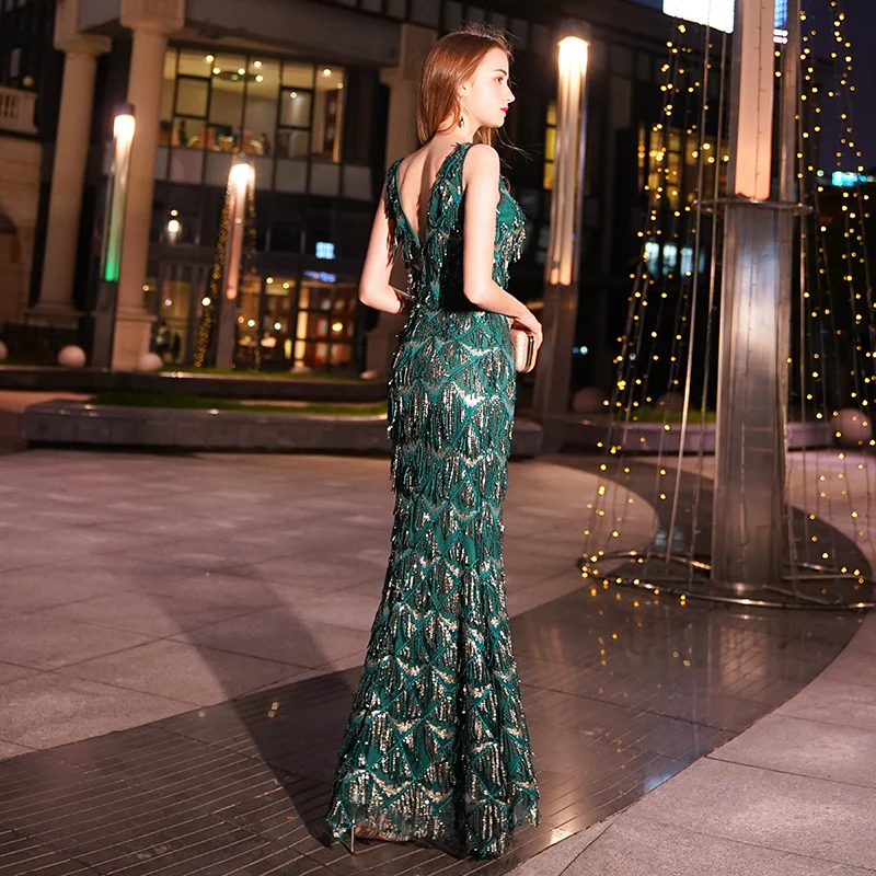 weiyin Green Tasse Evening Dresses Long Mermaid V-Neck Formal Dress Sequined Abendkleider Women robe de soiree longue WY1373