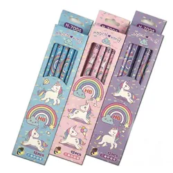 12pcs/lot Kawaii Cartoon Rainbow Unicorn Wood HB Pencil With Eraser Children Study Drawing Pencils Kids School Stationery