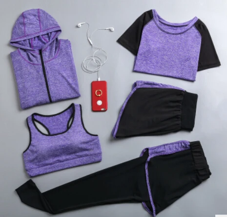 Quick dry women yoga clothing hooded coats+t shirt+bra+shorts+pants sets women autumn outdoor running sportswear gym Suits