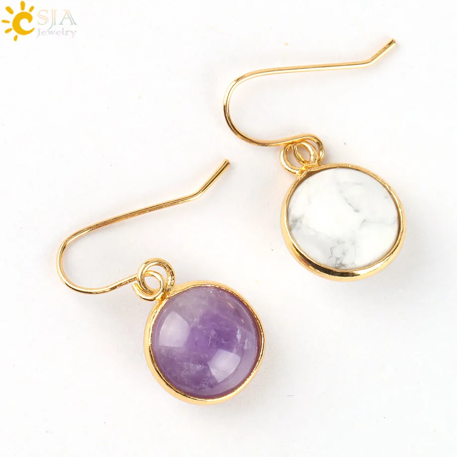 CSJA Vintage Round Gem Stone Bead Pendant Gold Color Copper Hook Drop Earring Women Summer Beach Jewellery Birthday E092