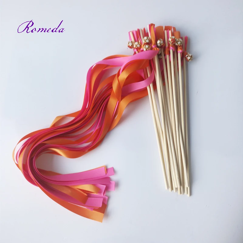 New Arrived orange and dark pink stain wedding ribbon stick wish wands with colorfull bell for wedding decoration party