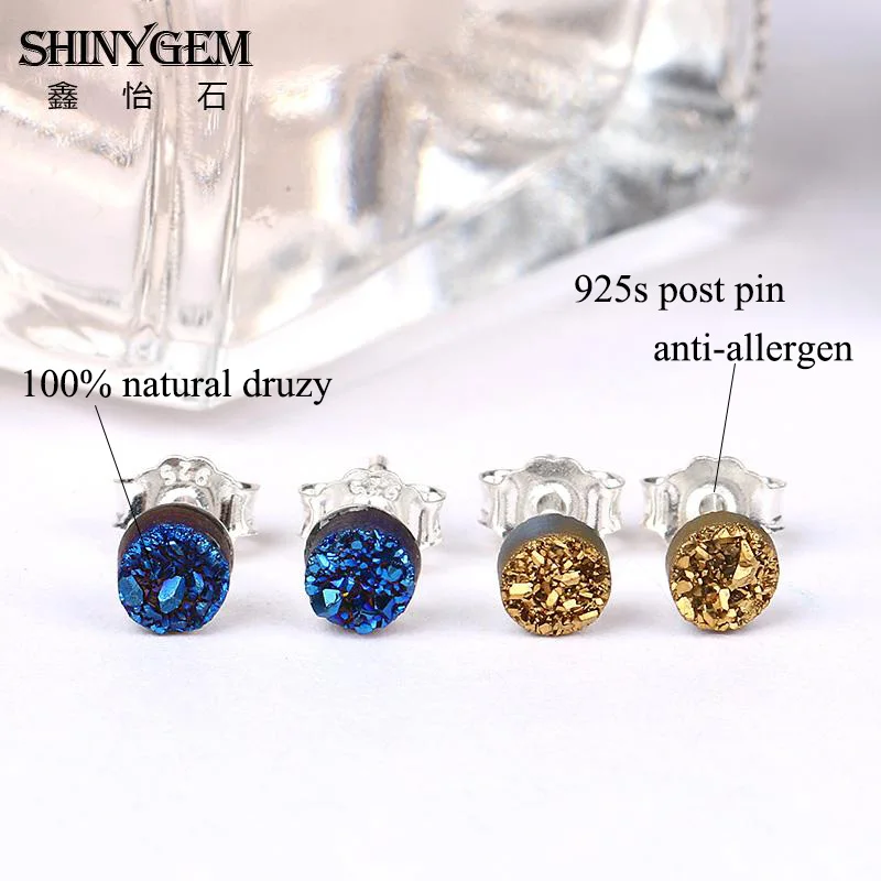 

shinygem round natural crystal druzy stud charm sparkling small gem stone for women gift earrings