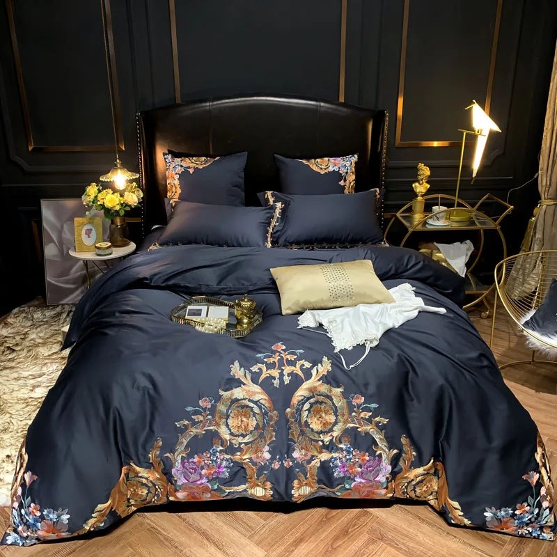 Luxury Egyptian Cotton Navy Blue Bedding set Premium Embroidery US Queen King size 4/6PCS Duvet cover Bed Sheet Pillow shams