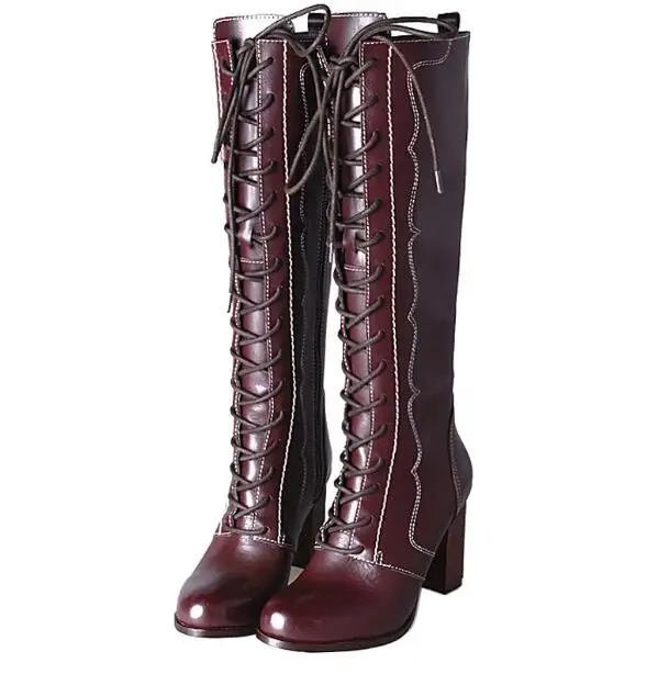 Top New Winter Woman Green/Burgundy Round Toe Genuine Leather Zipper Lace Up Rough Heels Knee High Leather Knight Long Boots