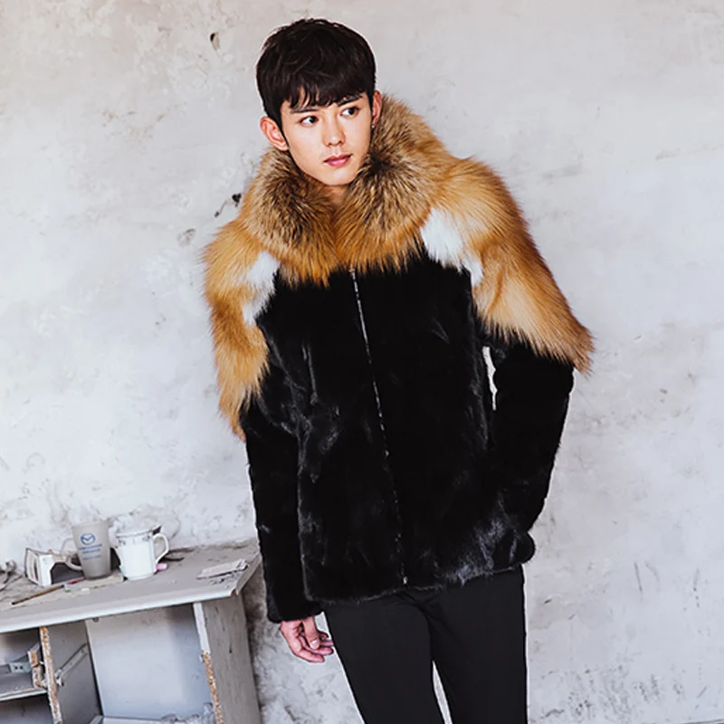 Men's fox fur mink hooded fur coat, men's winter jacket  color stitching provides customized