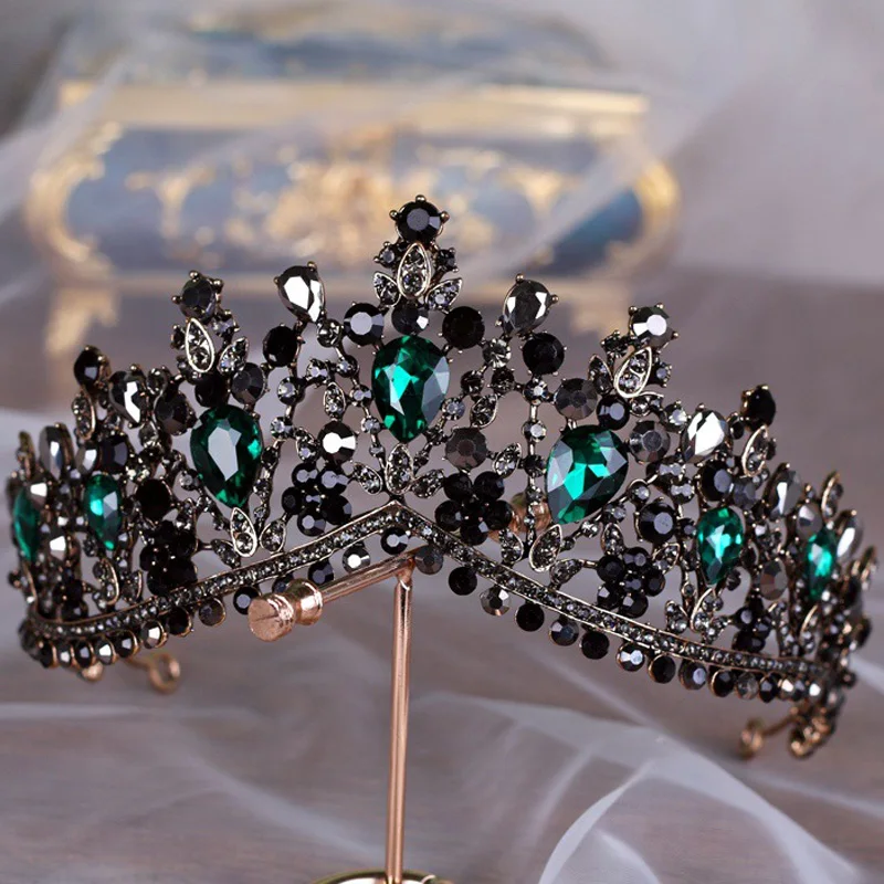 KMVEXO European Green Crystal Tiaras Vintage Black Rhinestone Pageant Crown Baroque Bridal Wedding Hair Jewelry Accessories Gift