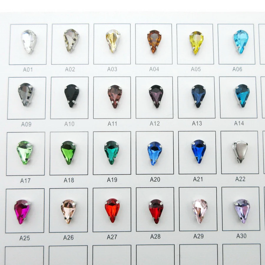 High quality glass Crystal Silver claw nice colors 6*10mm 8*13mm narrow teardrop Sew on rhinestone wedding dress bags decoration