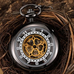 2021 Vintage Black Gold Mechanical Watch Hand Wind Mechanical Pocket Watch Roman Numerals Skeleton Fob Chain Men Male Watch