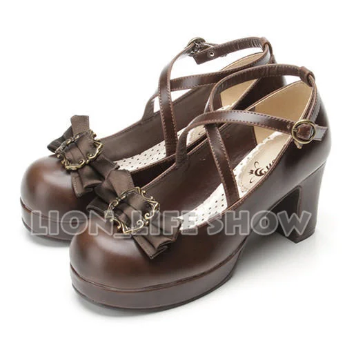 Japanese Retro Gothic High Heel PU Lolita Shoes Cosplay Costume Shoes Bowtie Pump