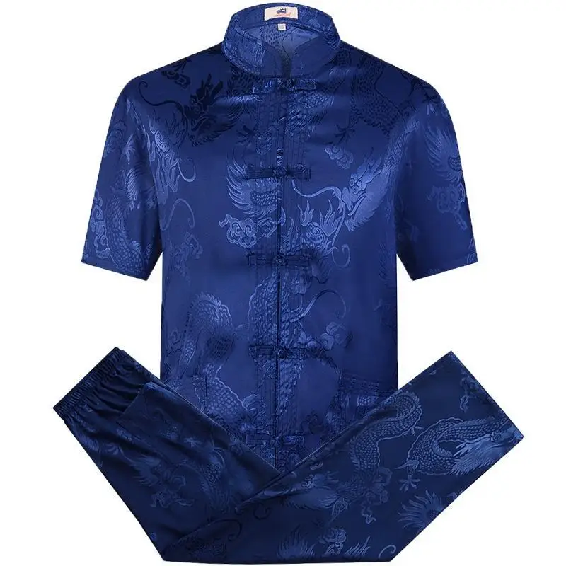 

Blue Chinese Traditiona Men's Tang Suit Sets Short Sleeve Long Pants Dragon Kung Fu Suit High Quality Silk Wu Shu Tai Chi Sets
