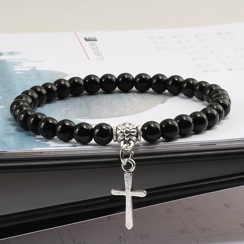 6mm Boho Natural Blue Beads Bracelet Men Cross Pendant Black Volcanic Stone Strand Bracelets for Women Charm Fashion Jewelry