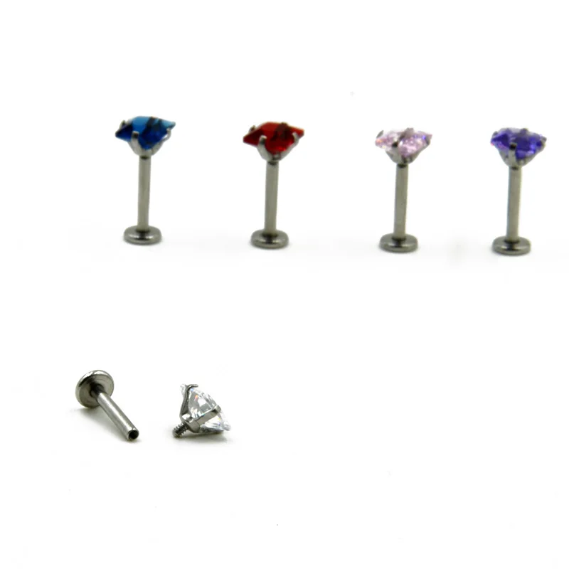 Showlove-3Pcs Mixed Color Zircon Internanlly Threaded Labret Monroe Lip Studs Rings Ear Piercing Body Jewelry