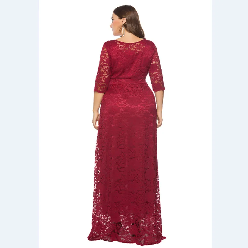 YYT-0092#European American fashion Evening dress long pocket lace wine red dark blue white Apricot dresses plus size wholesale