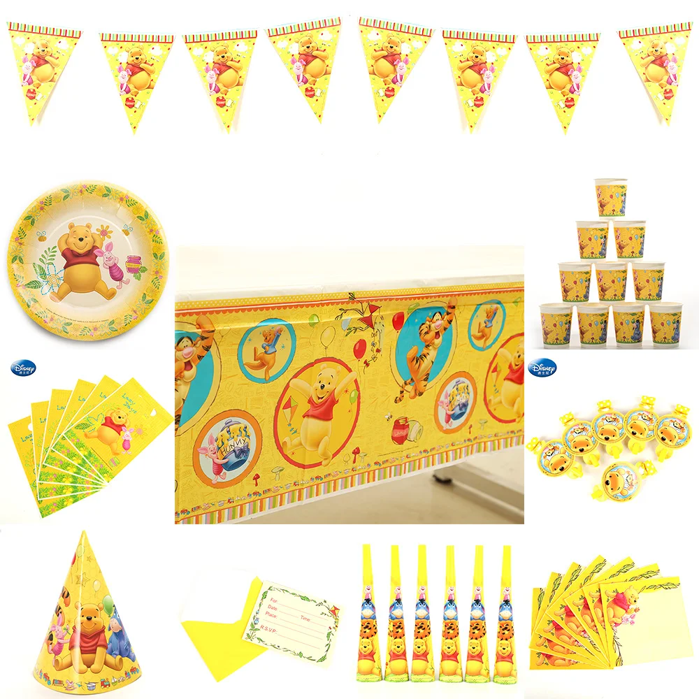 Winnie The Pooh Disposable Tableware Set Cups Baby Shower Party Decorations Birthday Party Disposable Cup Tablecover