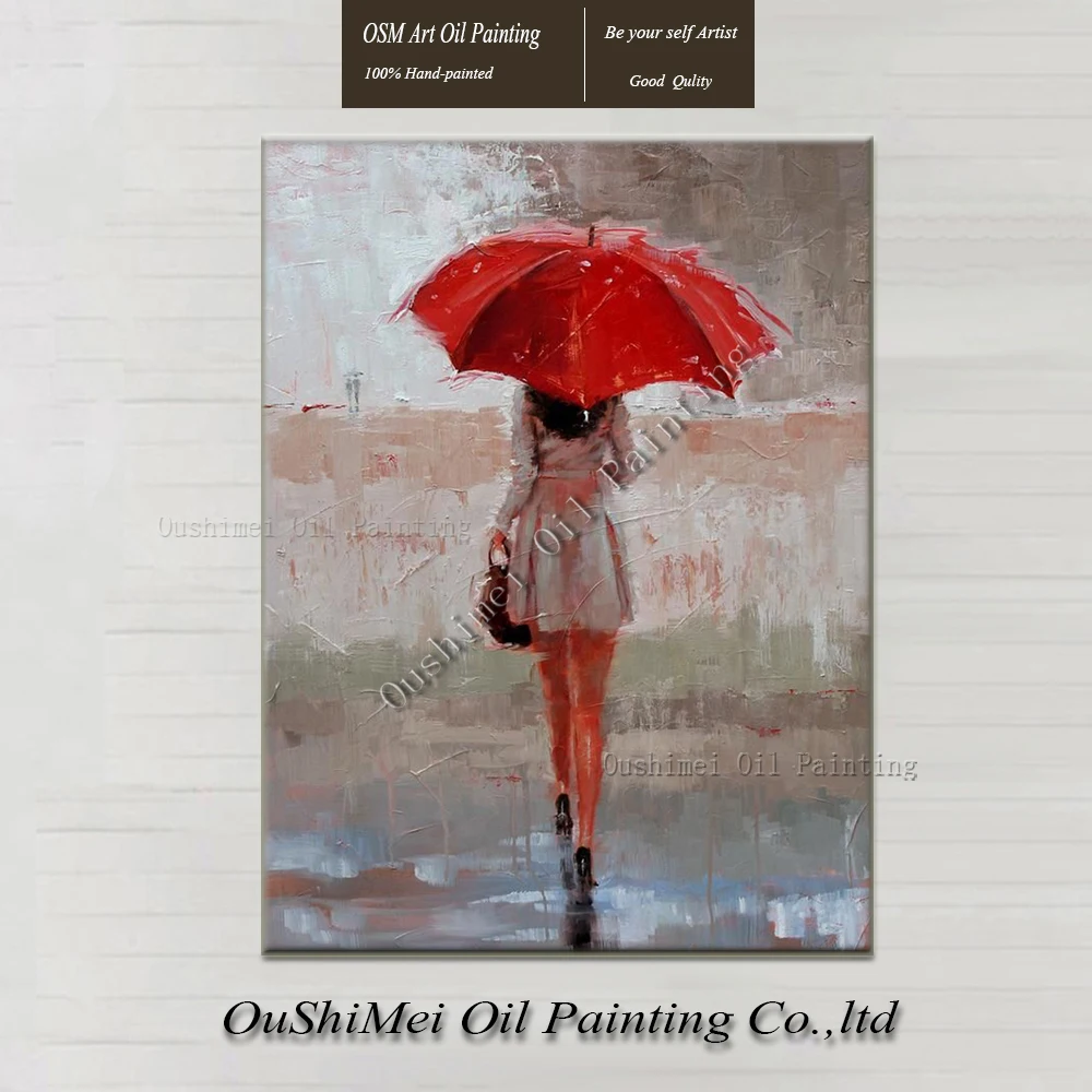 

Hand Painted Walking In The Rain Landscape Paintings On Canvas Oil Painting Umbrella Figure Picture For Living Room Wall Decor