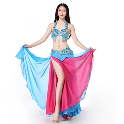 Women Dance Wear 2019 East Style Bellydance Clothes Oriental Outfits Beaded Belly Dance Costume Set Bra Belt Skirt Long Fringe