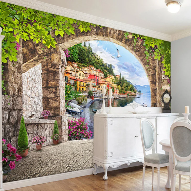 European Style 3D Stereoscopic Arch Small Town Street View Living Room TV Background Photo Wallpaper Cafe Restaurant Decor Mural