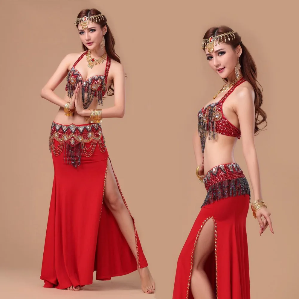 

Performance 8 Colors Women Dancewear Professional Size S-L 3pcs Outfit Bra Belt Skirt Long Oriental Beads Costume Belly Dance