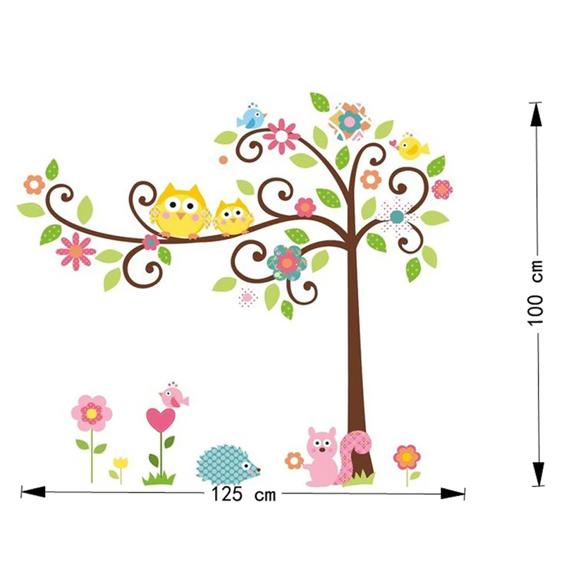Cute Owlets On Floral Tree Wall Stickers For Kindergarten Kids Room Home Decoration Diy Cartoon Owls Animal Mural Art Pvc Decal