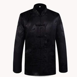 Brand New Arrival Black Chinese Traditional Men's Satin Mandarin Collar Dragon Silk Tang Suit Clothing Kung Fu Jacket Coat