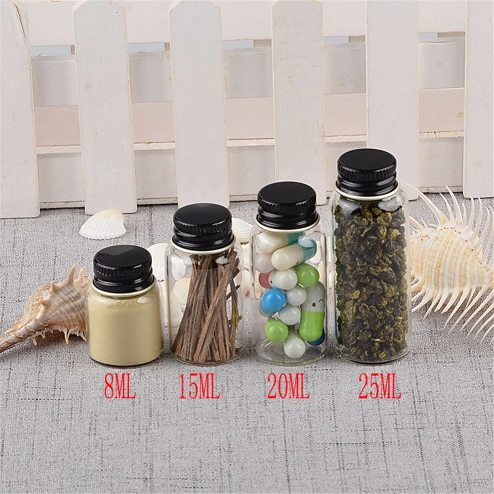 Glass Bottles Aluminium Swivelling Cover Jars 8ml 15ml 20ml 25ml Bottles Decoration Weding Gift Candy Pill Tea Container 50pcs