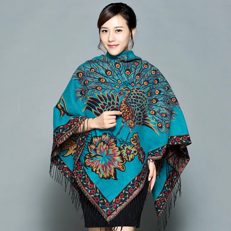 Double Sides Winter New Women's Pashmina Cashmere Shawl Large Squar Peacock Scarf Oversize Soft Wrap Thick Blanket Poncho