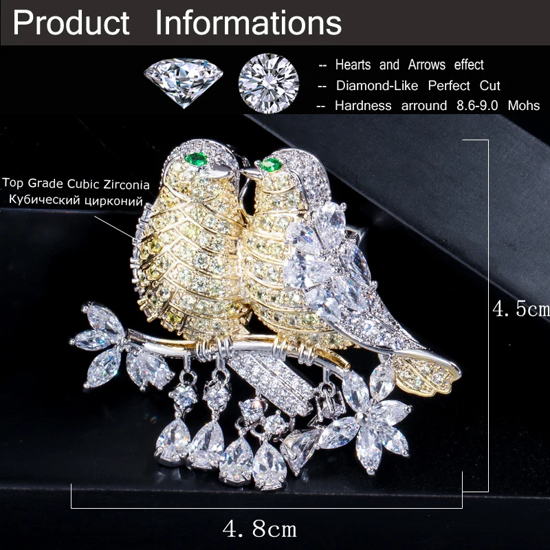 CWWZircons Elegant Cubic Zirconia Gold and Silver Color Lucky Cute Bird Wire Brooches Pin for Women Jewelry Accessory BH007