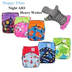 5Pcs Glücklich Flöte Nacht Verwenden AIO Tuch Windel Schwere Wetter Baby Windeln Bambus Holzkohle Doppel Wachen Fit 3-15kg Baby