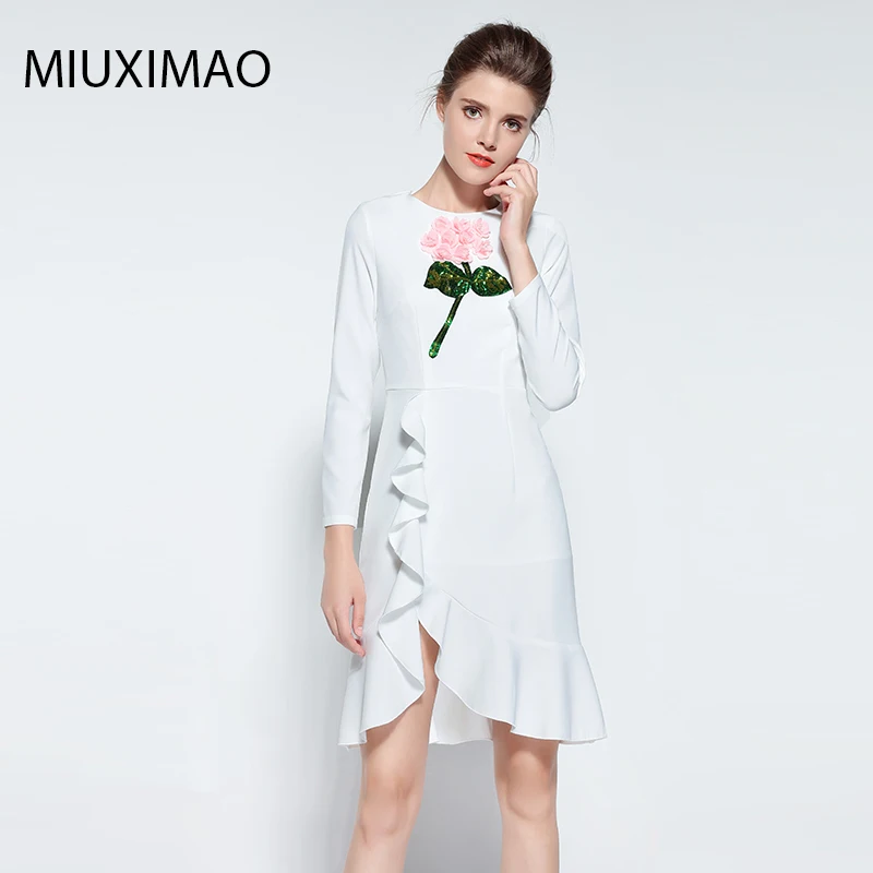 MIUXIMAO 2023 Spring Dress Fashion Long Sleeve Ebroidery Sequins 3D Flower Vintage Casual Ruffle Dress Women  Vestidos