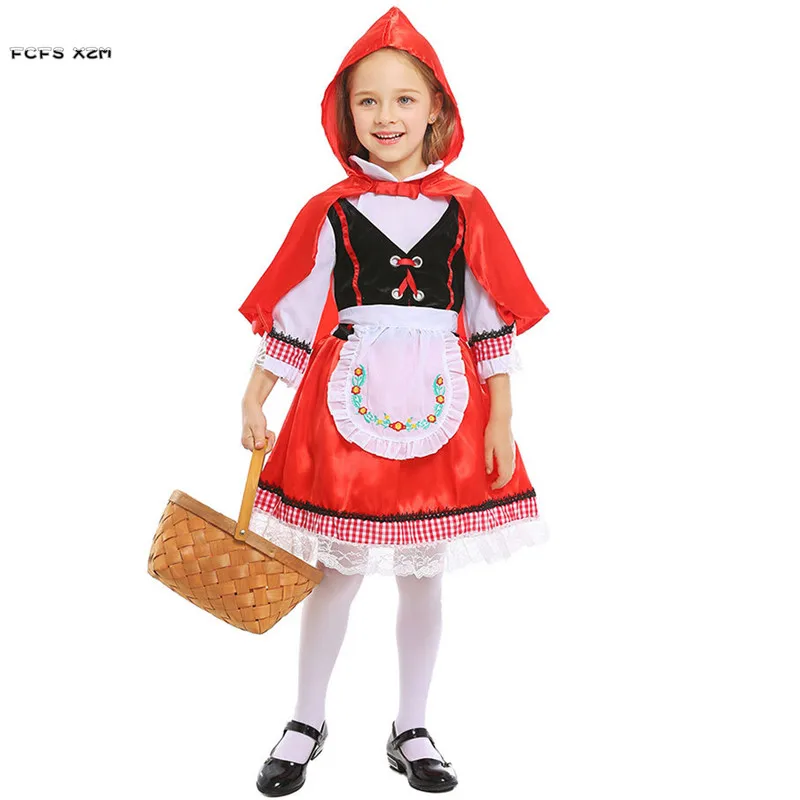 S-XL Girls Little Red Riding Hood Cosplay Kids Children Halloween Anime Costume Carnival Purim Stage Play Masquerade Party Dress