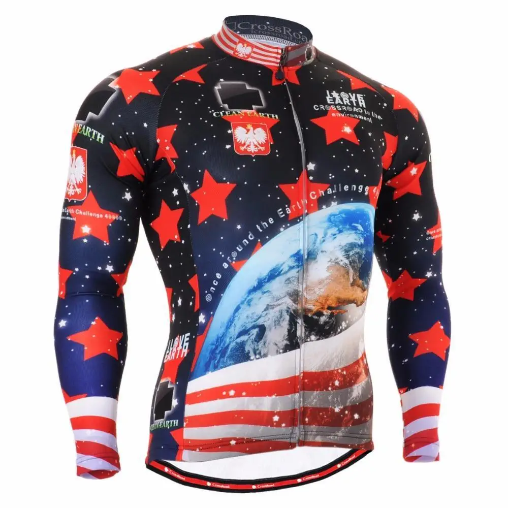 Men`s Long Sleeve Cycling Jersey Useful 3 Rear-pockets & Non-slip Silicone Band Earth Star Polyester Graphics MTB Bike Clothing