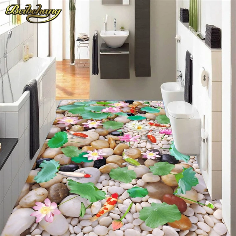 beibehang Custom Pebble goldfish lotus Wallpaper papel de parede 3D Bathroom wall Mural Self-adhesive Waterproof Floor Wallpaper