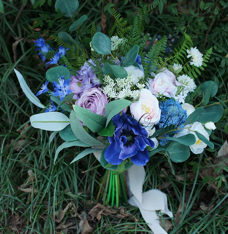 Bouquet de mariage bleu, Bouquet de roses artificielles, Bouquet de mariée Ramo Novia Azul, fait à la main, 2019